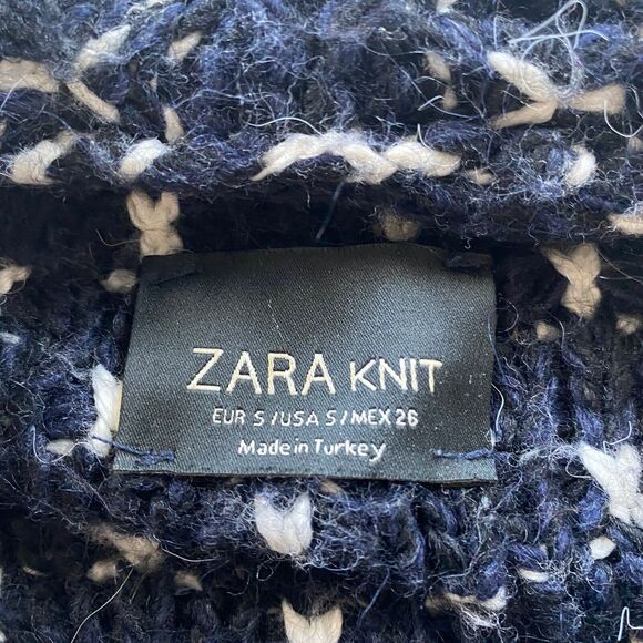 Zara Sweater CoatIigan Blue White Oversized Jacquard Fringe Open Duster boho - Picture 8 of 12